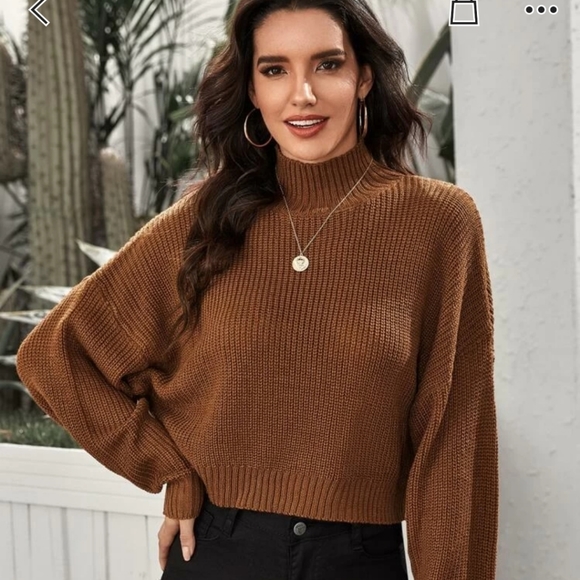 Brown High neck drop shoulder Chunky knit Sweater - Picture 2 of 3
